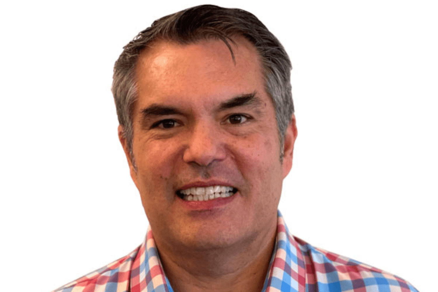 A man in a red and blue check shirt. 